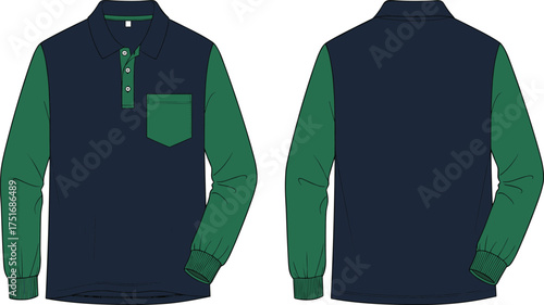 Long sleeve polo shirt front and back view, color block design, navy and green, casual fashion, cad drawing flat vector illustration