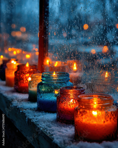 Colorful candles in glass jars glow warmly on snowy windowsill, creating cozy atmosphere against rainy backdrop