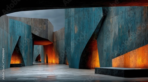 Geometric abstract architecture with a rough concrete exterior fragmented shapes and an avant-garde design