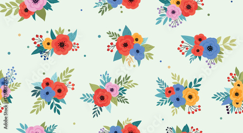 A light green background adorned with a repeating pattern of small floral bouquets featuring red blue and pink flowers and green leaves.