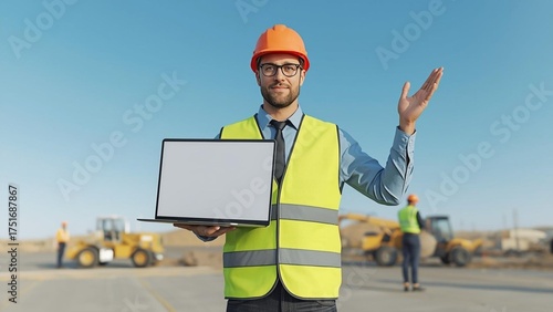 Construction Worker Presenting Project on Laptop at Site