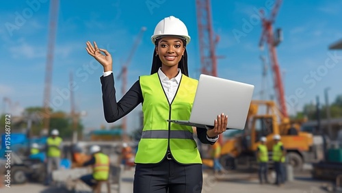 Confident Civil Engineer Woman at Construction Site with Laptop