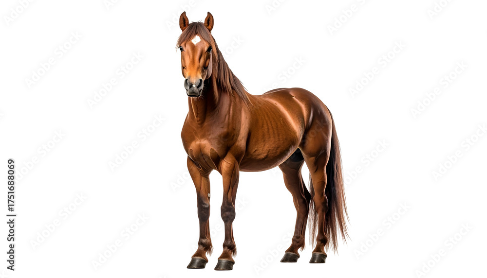 Fototapeta premium Regal chestnut horse stands poised, white blaze marking its head