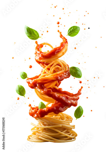 Spaghetti with tomato sauce and basil leaves
