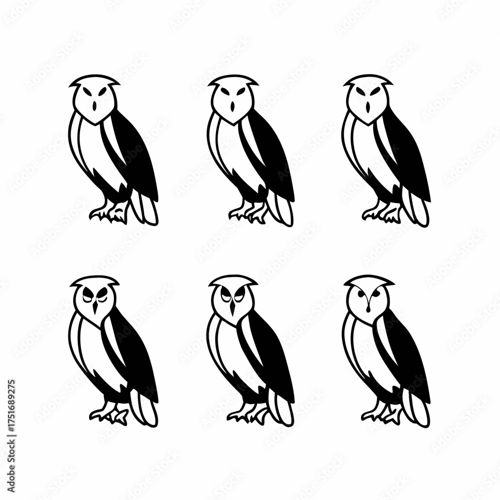 Naklejka premium Six stylized owls, arranged in a grid pattern, showcasing simple black lines