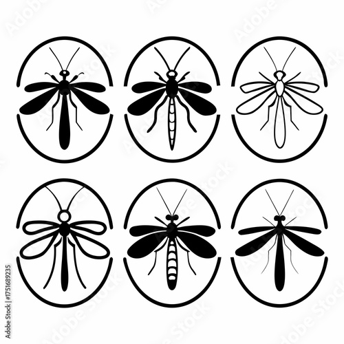 Various mosquito silhouettes in circles showcasing different mosquito species and designs