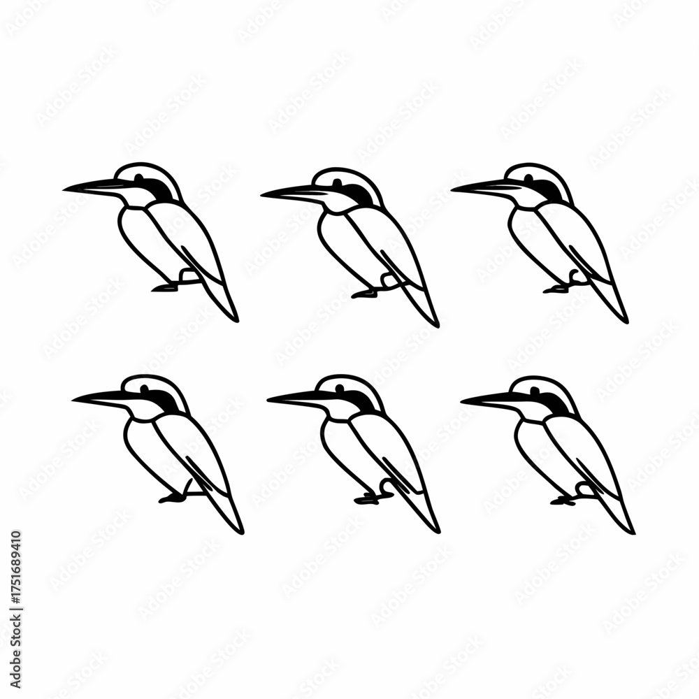 Obraz premium Six kookaburras in a pattern simple black and white vector illustration
