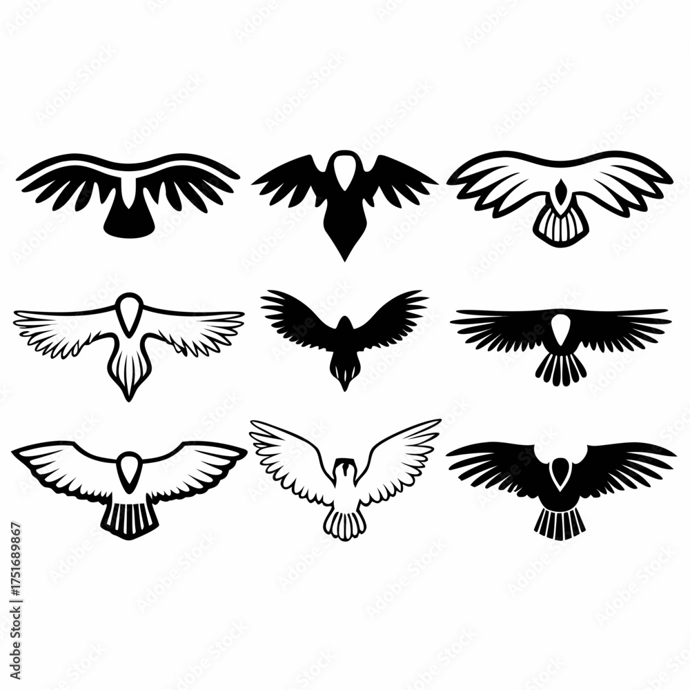 Obraz premium Collection of nine stylized eagle illustrations in black and white