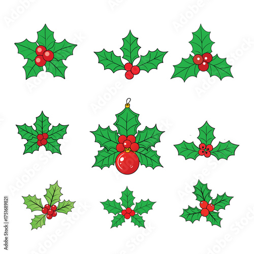 Bright and cheerful christmas holly clipart collection with festive elements