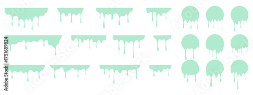 Mint melt drips paint set. Circle liquid drips and dynamic paint splashes.