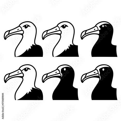 Collection of six albatross bird icons in black and white vector illustration