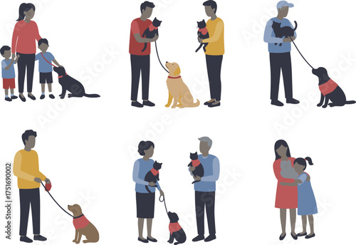 Vector illustration of families and people interacting with pets, walking dogs and holding cats, pet care and love concept isolated on white background design