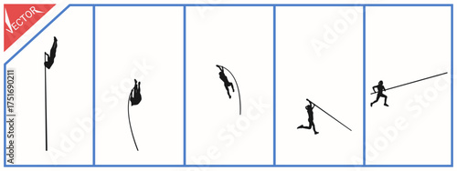Silhouette of a pole vaulter. Different actions. Vector illustration.