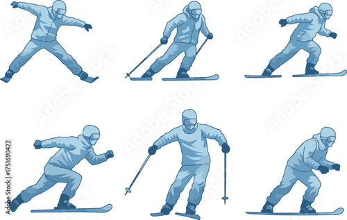 Winter sports skiing and snowboarding action poses vector illustration, athletes in motion wearing helmets and suits, extreme sports activity design for adventure concept
