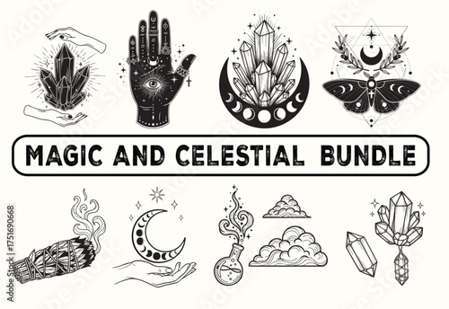 Magic and Celestial Bundle – Witchy Moon Phases, Crystals, Palmistry Hand, Moth, Smudge, Potion – Black and White Line Art Vector Set