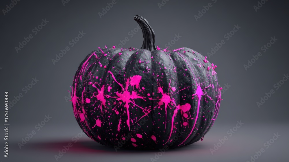 Obraz premium Spooky Halloween Pumpkin with Creative Pink Paint Splatter on Dark Background for Horror and Party Decorations