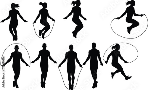 Women and men jumping rope silhouette vector illustration set, fitness athletes exercising with skipping ropes for workout, training, cardio, and healthy lifestyle design