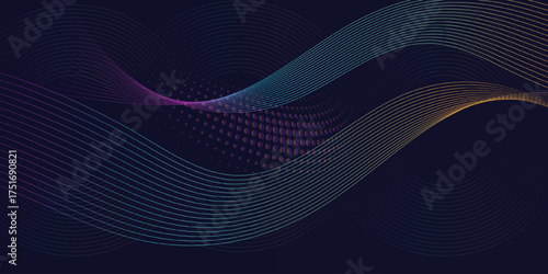 Abstract Dark  background with glowing wave. Shiny moving lines design element. Modern purple blue gradient flowing wave lines. Futuristic technology concept.