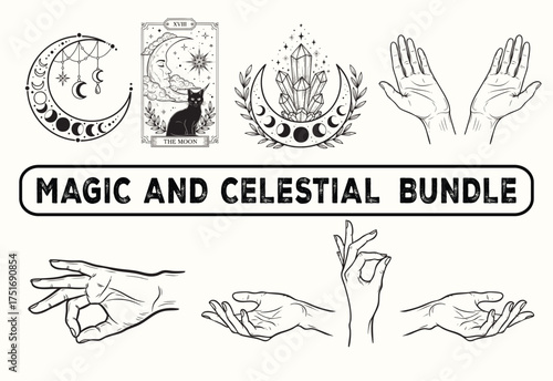 Magic and Celestial Bundle - Moon Phases, Tarot, Crystals, Witchy Hand Gestures - Black and White Line Art Vector Set