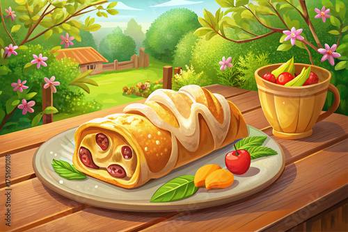 Austrian apple strudel with cinnamon and sugar classic Viennese dessert filled with baked apples