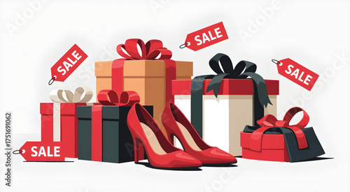 Gift Boxes and Red High Heels with Sale Tags