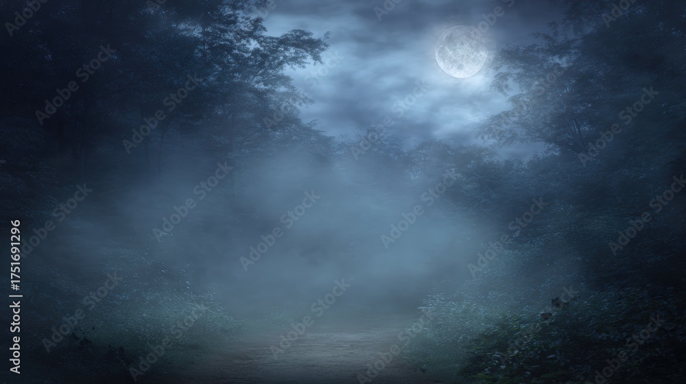 Fototapeta premium Enchanting night landscape with full moon illuminating misty forest path surrounded by tall trees and dark cloudy sky
