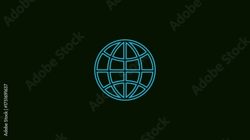 Glowing neon blue globe icon with a dark background representing global connection 
