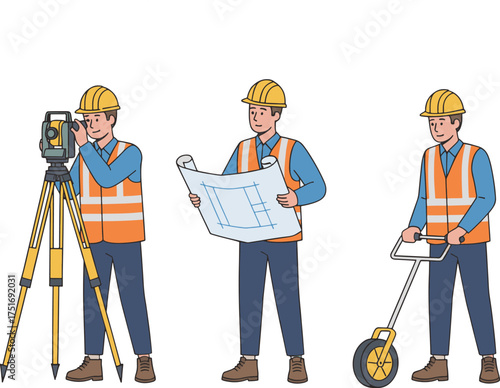 Construction Surveyors Vector Illustration, Engineers with Theodolite, Blueprint, and Measuring Wheel