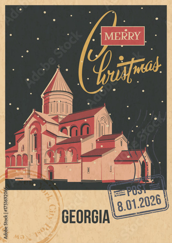 Merry Christmas Georgia Main Attraction Greeting Card. Svetitskhoveli Cathedral Mtskheta in Georgia. Retro Postcards Style Illustration, Vintage Colors, Mail Stamps, Snow