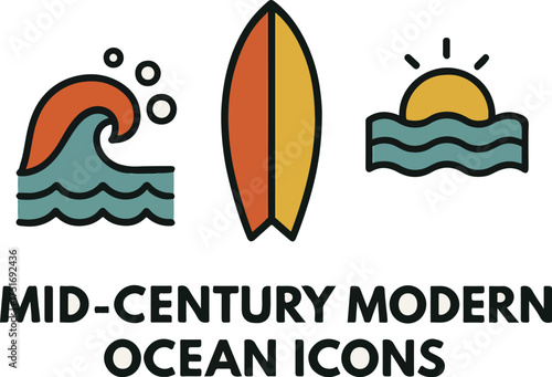 Mid century modern ocean icons featuring surfboard wave and sunrise designs