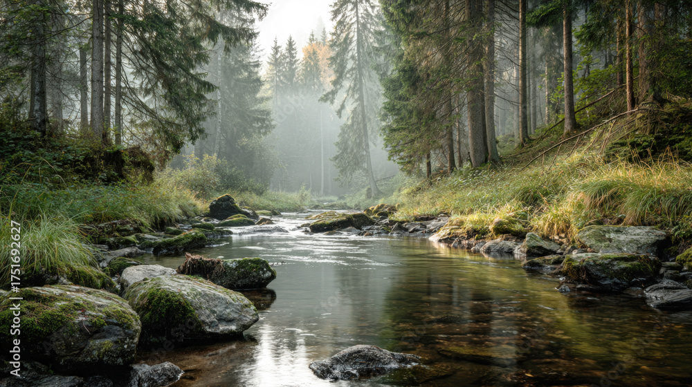 Obraz premium atmospheric landscape of tranquil, shallow stream winding through a dense pine and spruce forest. Soft morning mist and sunlight create an ethereal, peaceful mood over mossy rocks and reflective water