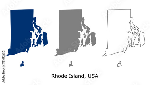 Rhode Island map set. Rhode Island USA map vector. Rhode Island map on navy, gray, and outline