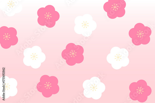 梅の花が並ぶ春らしい和風パターン背景イラスト