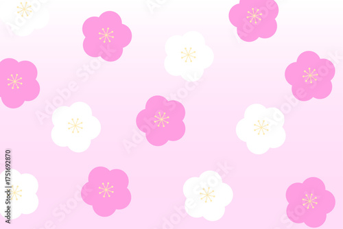 梅の花が並ぶ春らしい和風パターン背景イラスト