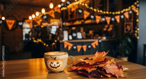 Festive Halloween Coffee Break with Autumn Leaves and Decorations