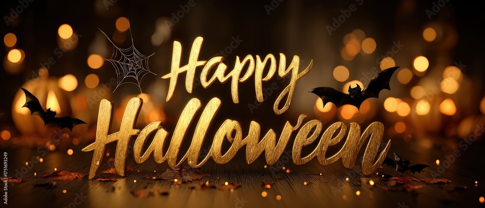 Naklejka premium Bright Halloween celebration with glowing text, spooky decorations, pumpkins, bats, cobwebs, fireworks, festive atmosphere, night scene