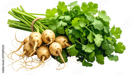 Cilantro bunch with roots, tied together