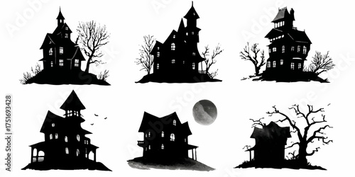 Collection of spooky haunted house silhouettes with bare trees and full moon
