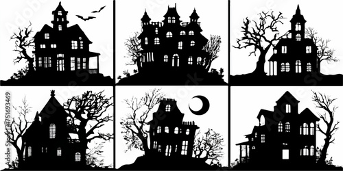 Collection of spooky haunted house silhouettes for Halloween decorations and designs silhouette