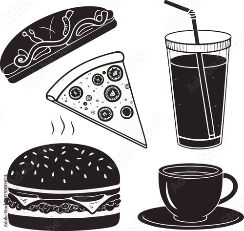 Collection of illustrated fast food elements with transparency for various design applications