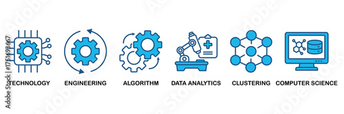 Machine learning icon set In Blue Monochrome Flat Design vector illustration concept for technology, engineering, algorthm, data analytics, clustering and computer science