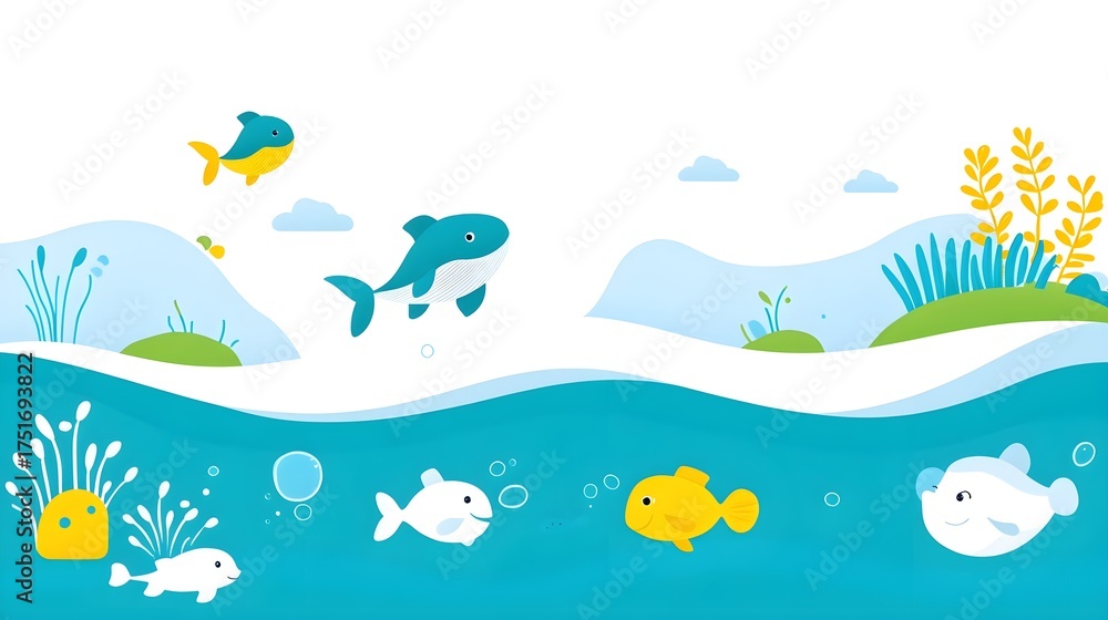 Fototapeta premium Colorful fish swimming in clear water underwater scene nature illustration