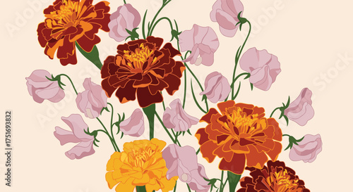 A delightful arrangement of marigolds and sweet peas in warm autumnal hues.