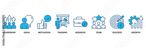 Learn and lead icon set In Blue Monochrome Flat Design vector illustration concept for leadership, ideas, motivation, training, business, team, success, and growth