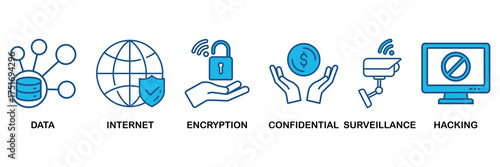Privacy icon set In Blue Monochrome Flat Design vector illustration concept for data, internet, encryption, confidential, surveillance and hacking