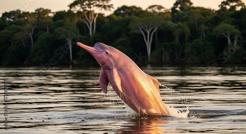 Pink River Dolphin Leaping from Amazon River at Sunset.