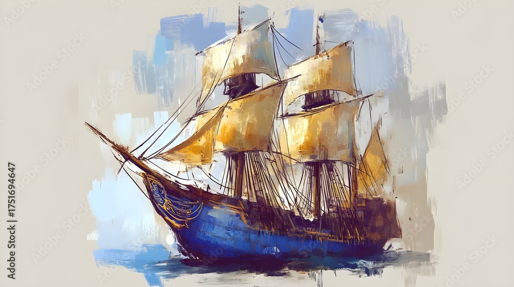 Obraz premium Sailing adventure ocean illustration nautical environment side view historical concept