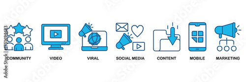 SMM icon set In Blue Monochrome Flat Design vector illustration concept for social media marketing with icon of community, video, viral, social media, content, mobile and marketing