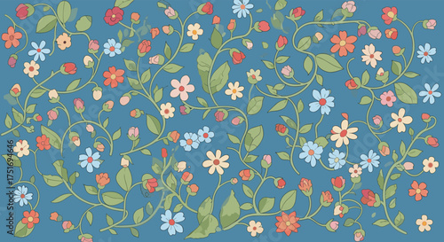 A delightful pattern of small wildflowers and green vines intricately woven together across a serene blue background.