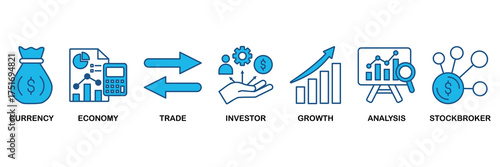 Forex icon set In Blue Monochrome Flat Design vector illustration concept for currency, economy, trade, investor, growth, analysis and stockbroker